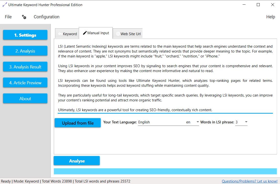 Step 1.1 Ultimate Keyword Hunter Lsi Keywords Analisys based on text input